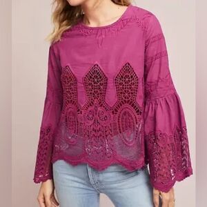 Anthropologie Chloe Oliver Lace Top Embroidered Bell Sleeve Blouse Sz Lg Shirt